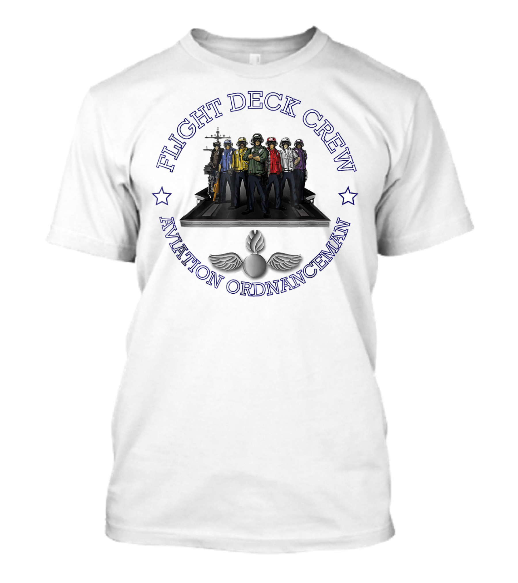 Flight Deck Crew Aviation Ordnanceman Team With Aircraft Carrier Background T-Shirt