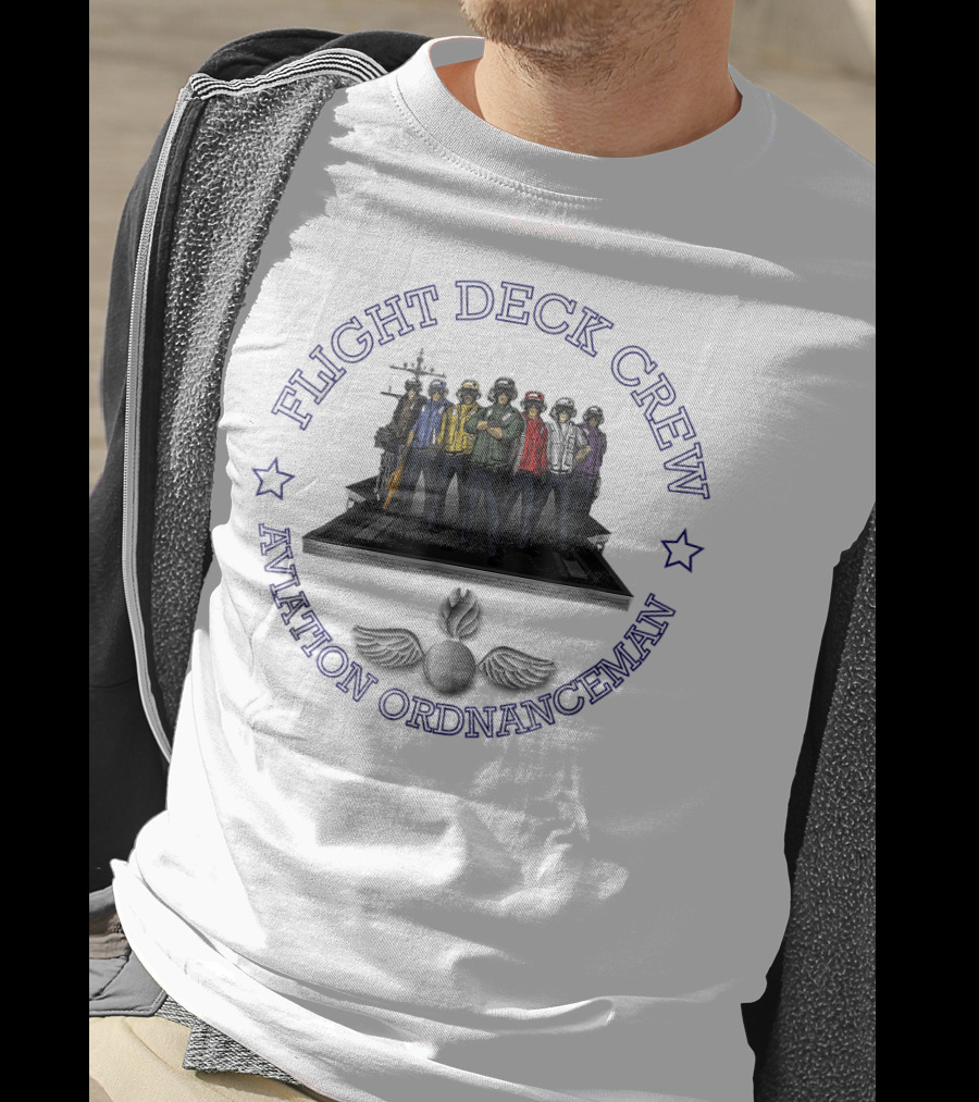 Flight Deck Crew Aviation Ordnanceman Team With Aircraft Carrier Background T-Shirt