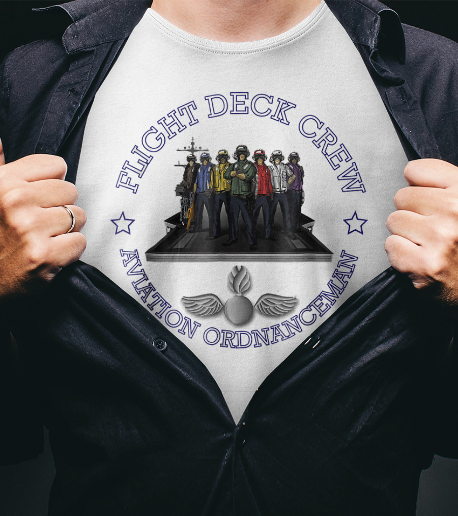 Flight Deck Crew Aviation Ordnanceman Team With Aircraft Carrier Background T-Shirt