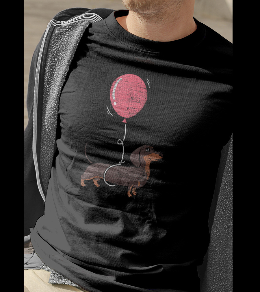 Balloon Dachshund Sketch With Red Balloon And Brown Dog Balloon Dachshund T-Shirt