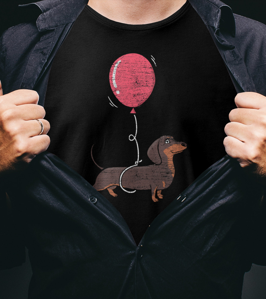 Balloon Dachshund Sketch With Red Balloon And Brown Dog Balloon Dachshund T-Shirt
