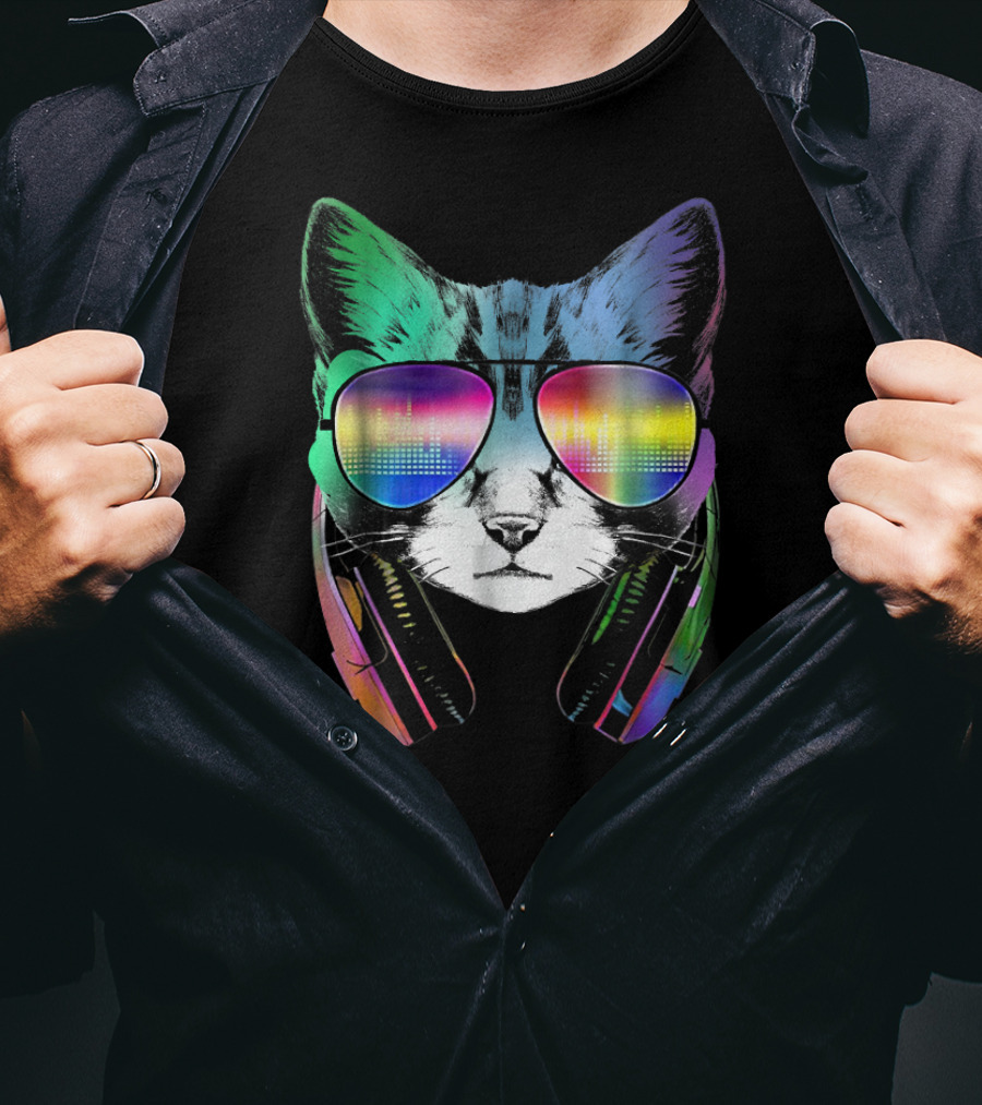 Electro Music Cat Rainbow DJ Sunglasses Headphones Retro Vibes T-Shirt