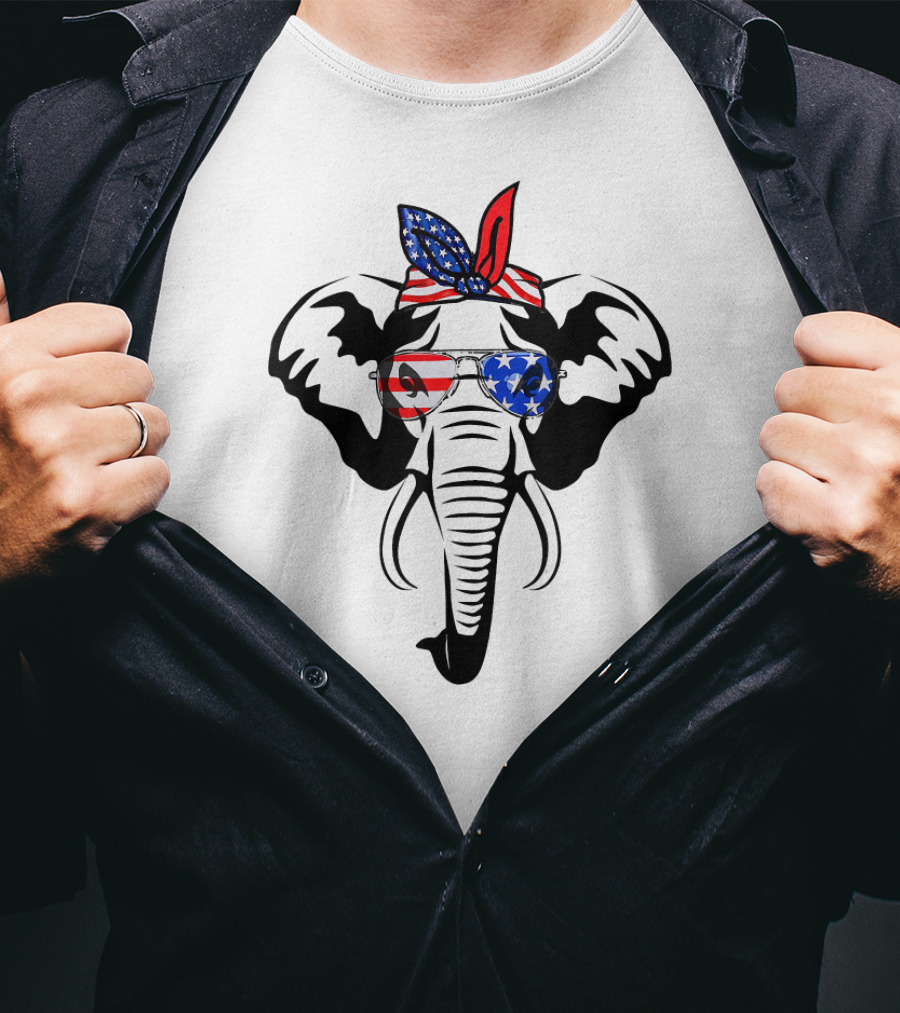 Elephant Wearing American Flag Glasses And Bandana T-Shirt