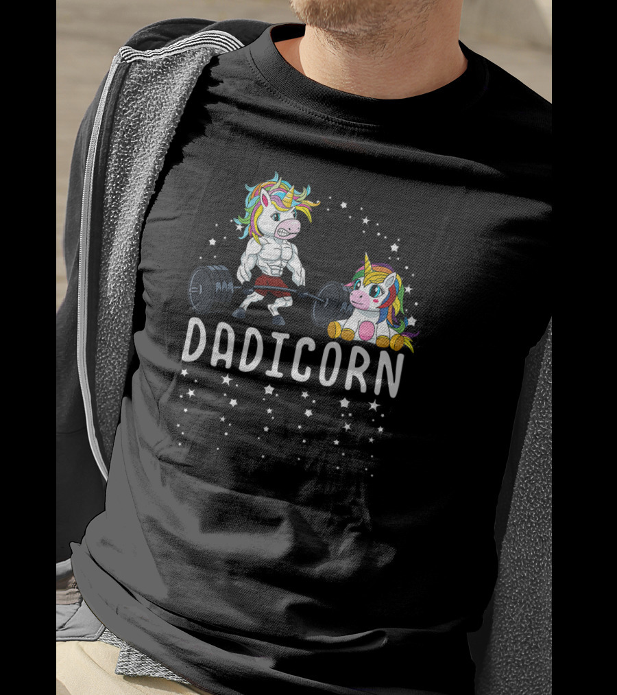 Dadicorn Unicorn Dad Fitness Gym Muscles Weights Lifting Stars T-Shirt
