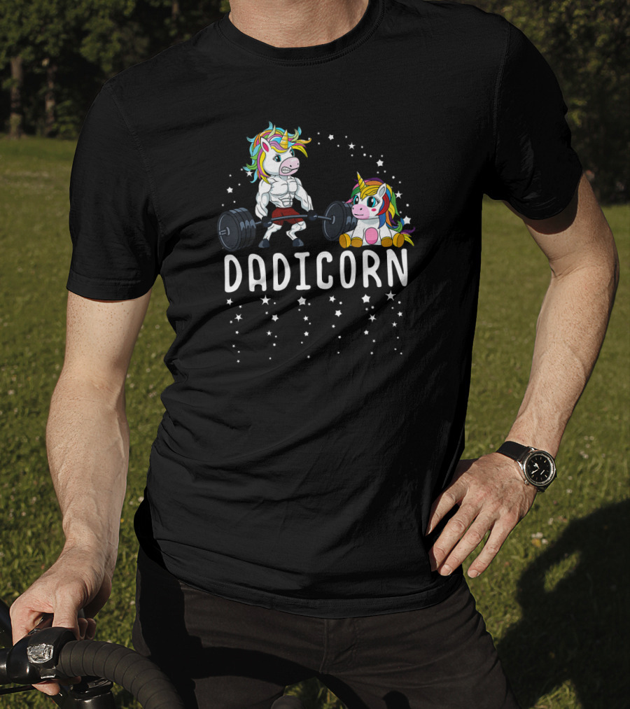 Dadicorn Unicorn Dad Fitness Gym Muscles Weights Lifting Stars T-Shirt