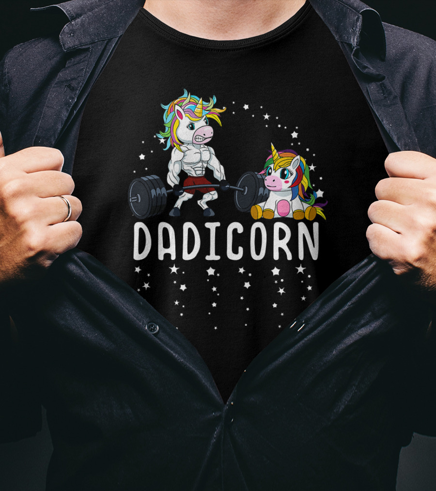 Dadicorn Unicorn Dad Fitness Gym Muscles Weights Lifting Stars T-Shirt