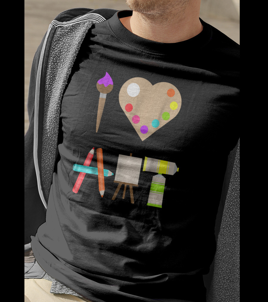 I Love Art Fun Colorful Future Artist Heart Palette Paintbrush Pencils Easel Tube T-Shirt