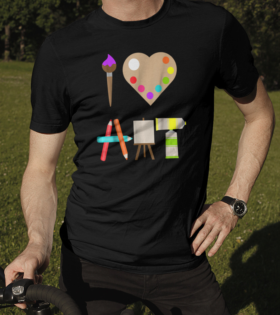 I Love Art Fun Colorful Future Artist Heart Palette Paintbrush Pencils Easel Tube T-Shirt