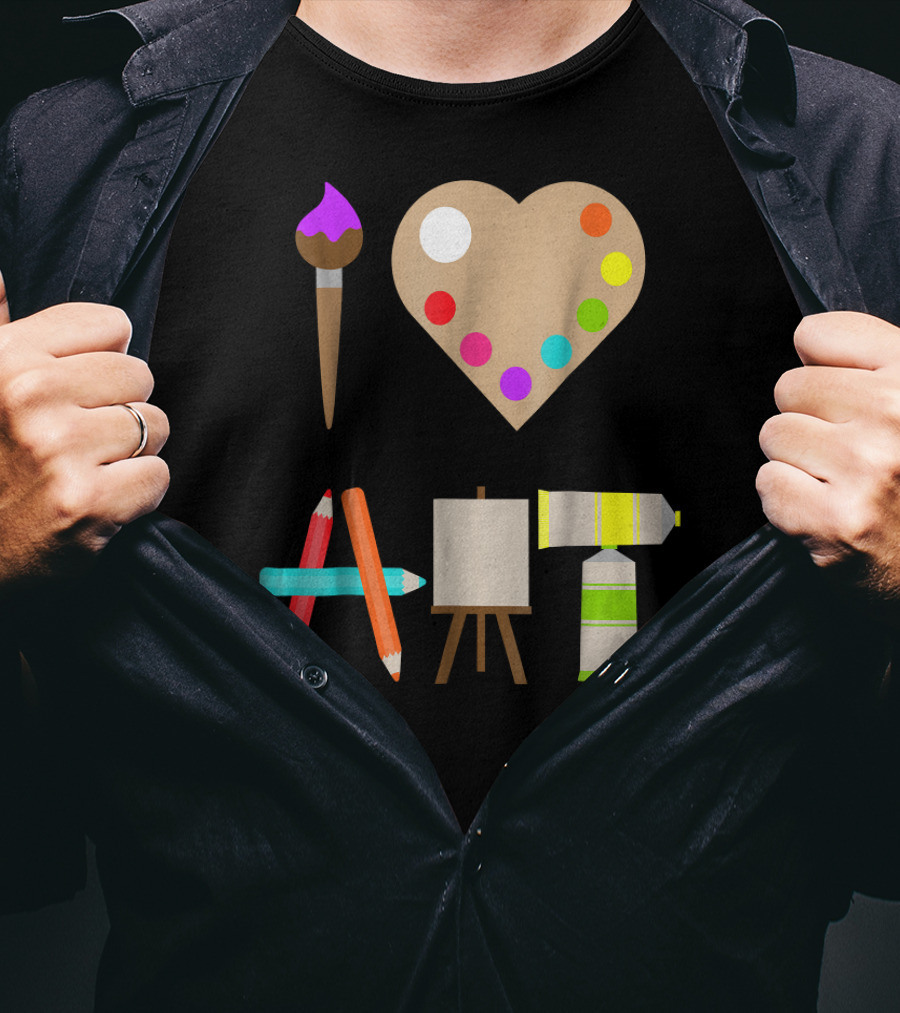 I Love Art Fun Colorful Future Artist Heart Palette Paintbrush Pencils Easel Tube T-Shirt