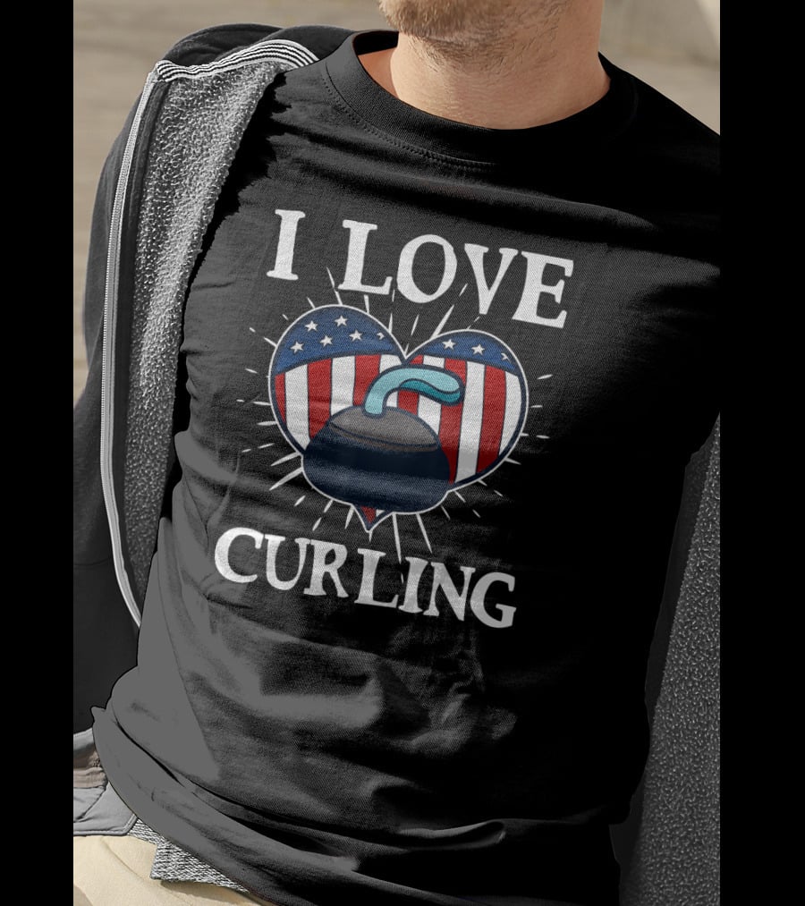 I Love Curling Funny Awesome Ice Sport Love USA Flag Heart T-Shirt