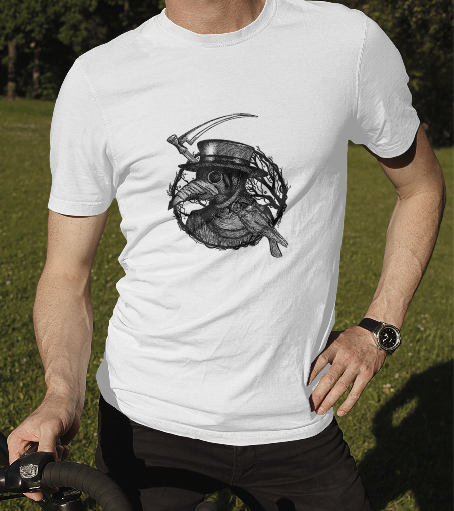 Plague Doctor Medieval Bird Mask With Scythe And Crow T-Shirt