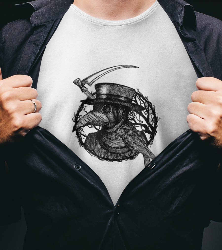 Plague Doctor Medieval Bird Mask With Scythe And Crow T-Shirt