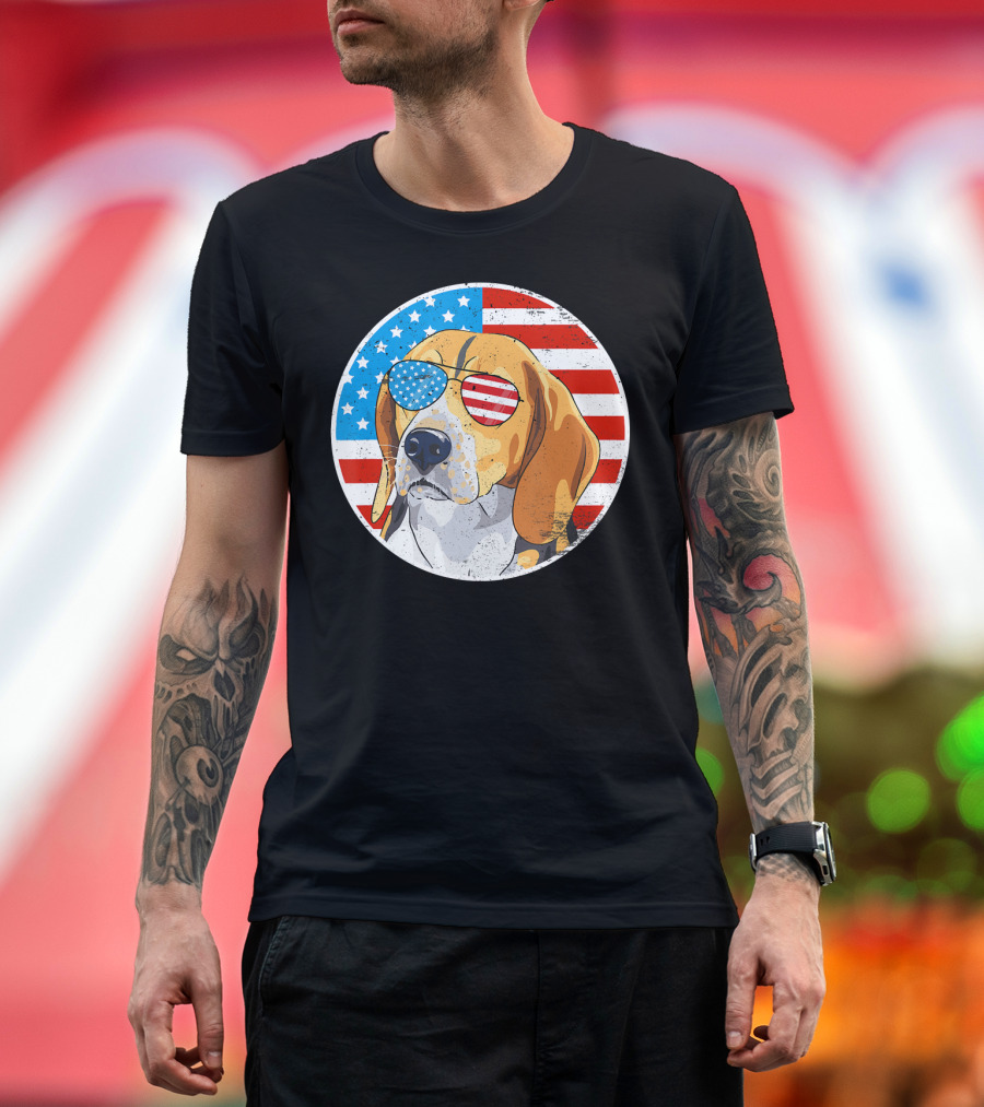 4th of July Beagle Dog America Flag Sunglasses T-Shirt