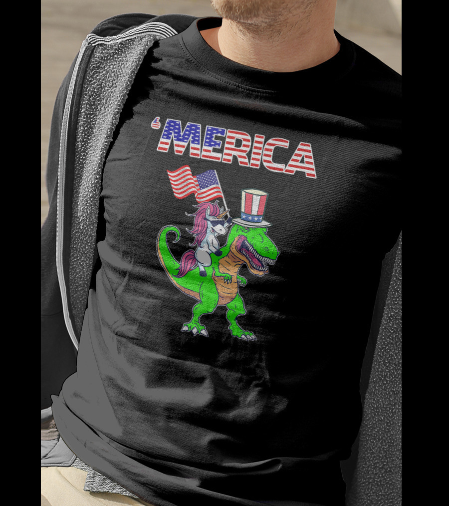 'Merica Dinosaur Unicorn Flags Top Hat T-Shirt
