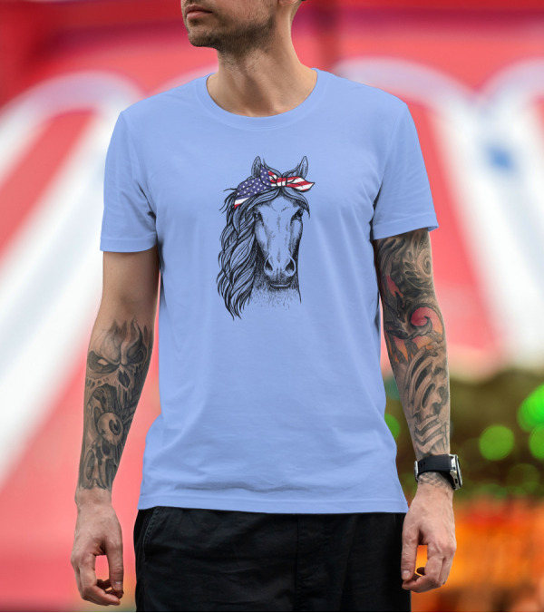 Premium T-Shirt: 4th of July Horse with American Flag Bandana USA T-Shirt 4th of July Horse with American Flag Bandana USA T-Shirt