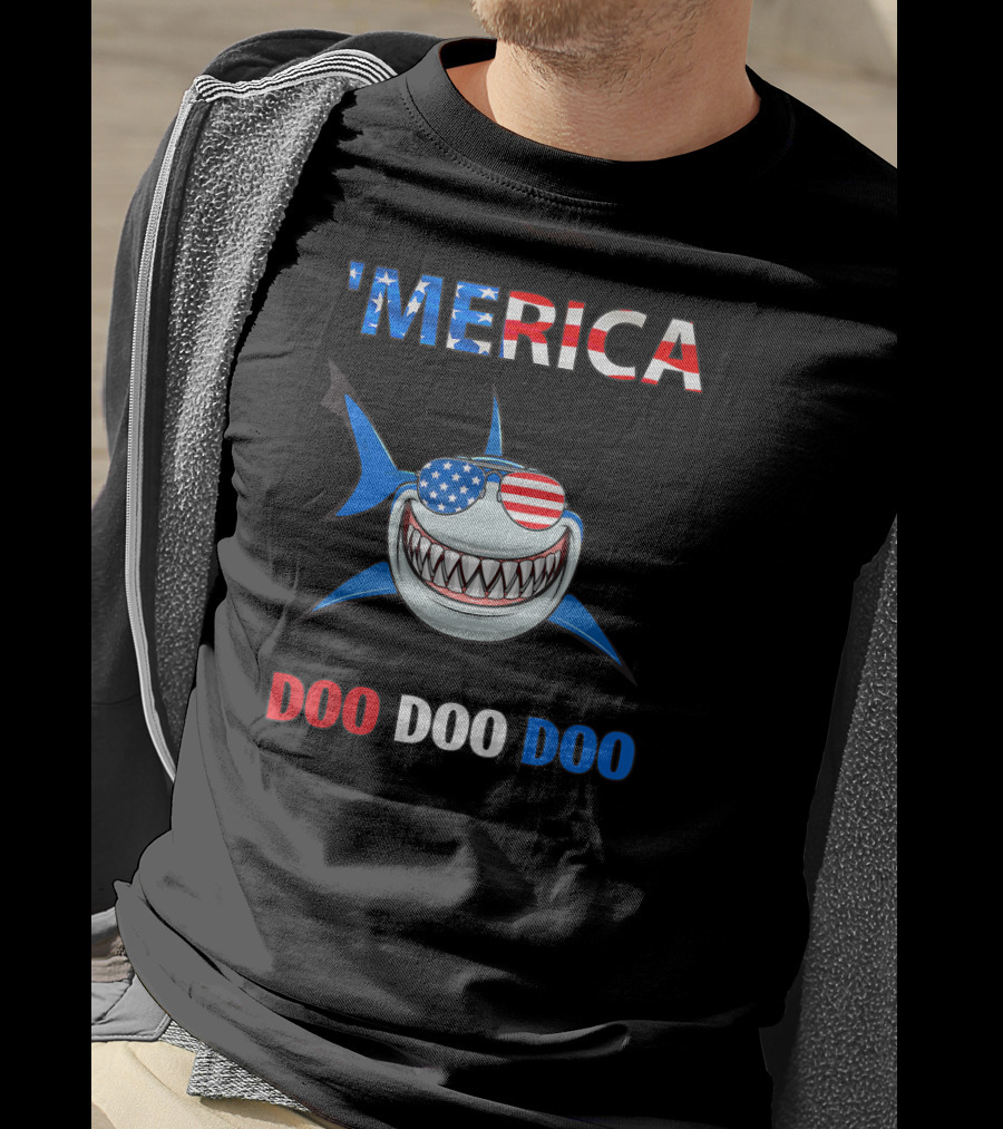 'Merica Shark Doo Doo Doo Patriotic Sunglasses USA Flag T-Shirt