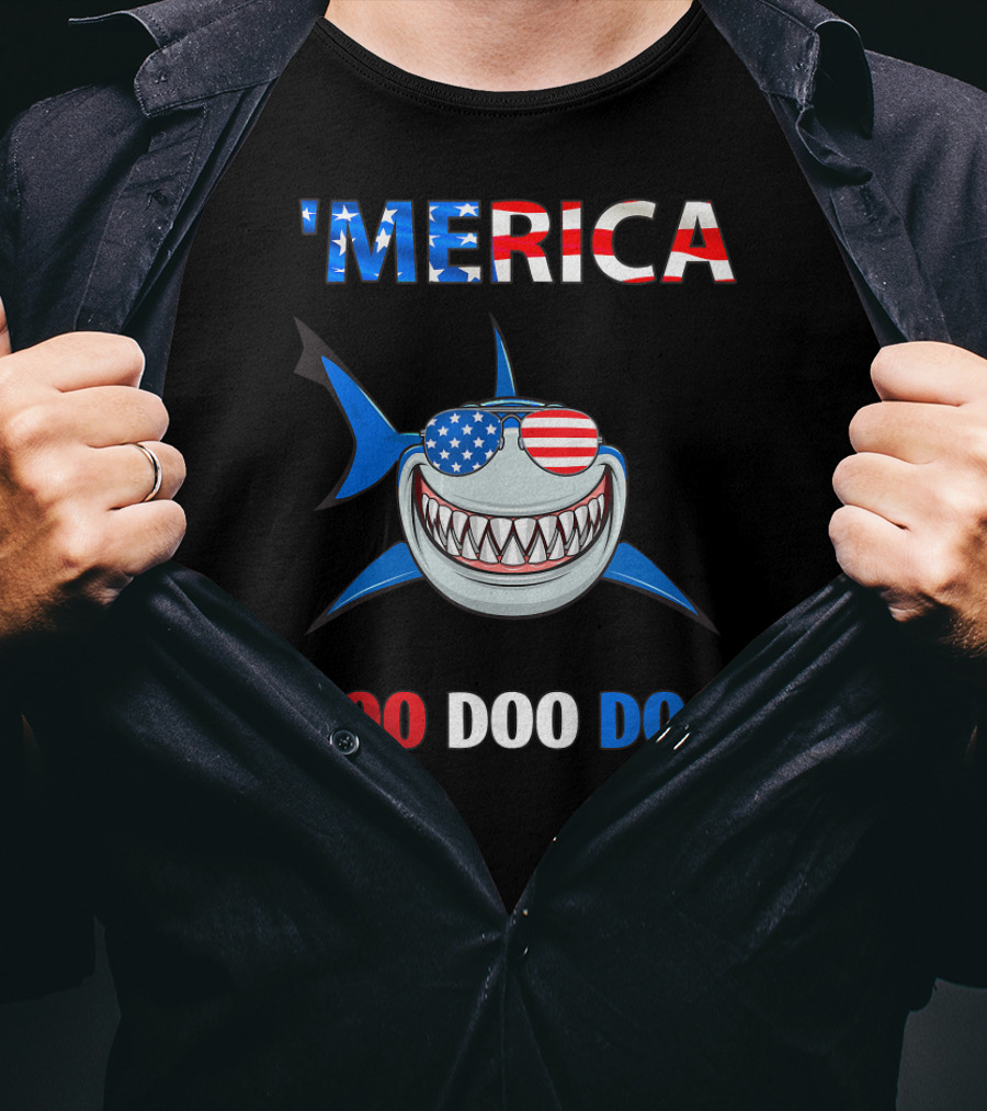 'Merica Shark Doo Doo Doo Patriotic Sunglasses USA Flag T-Shirt