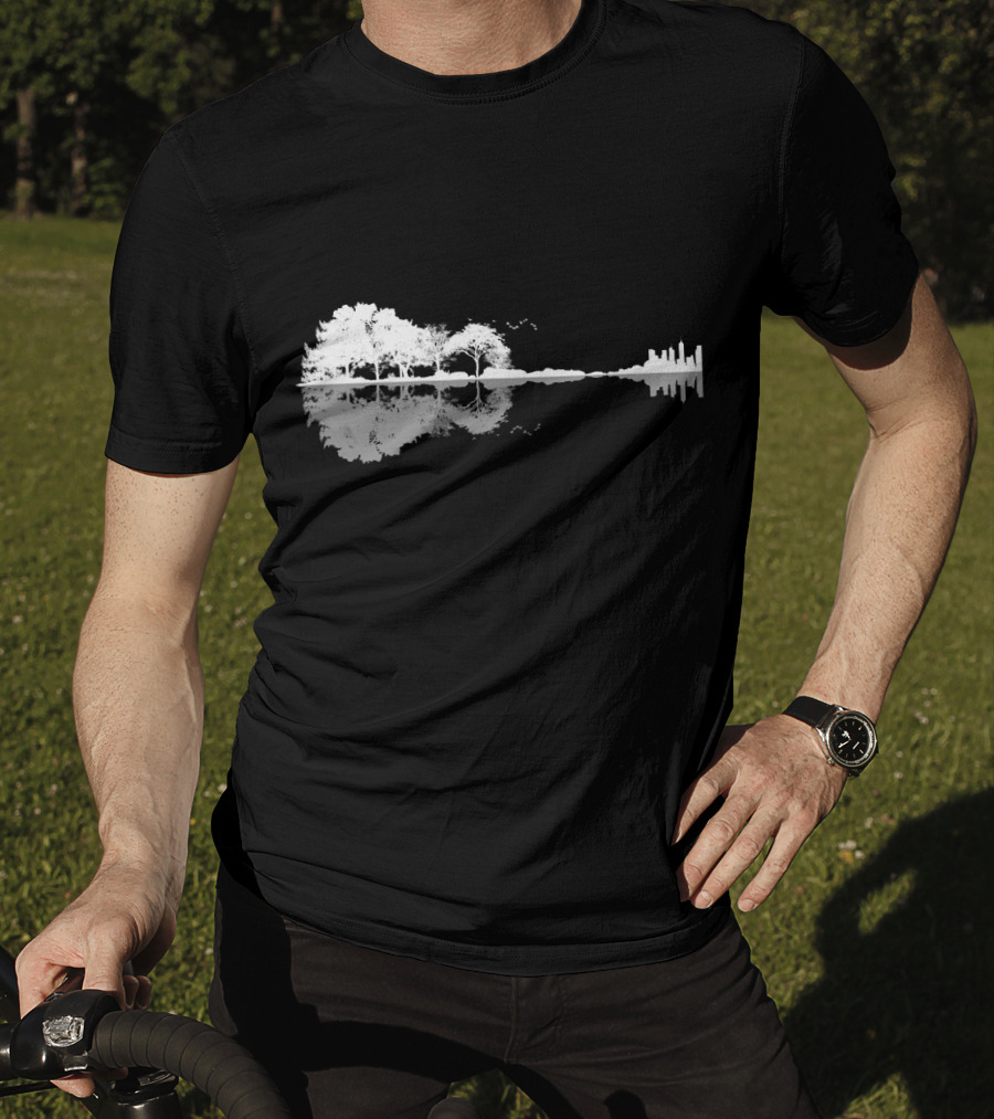 Acoustic Guitar Nature Forest Tree Reflection And Skyline T-Shirt