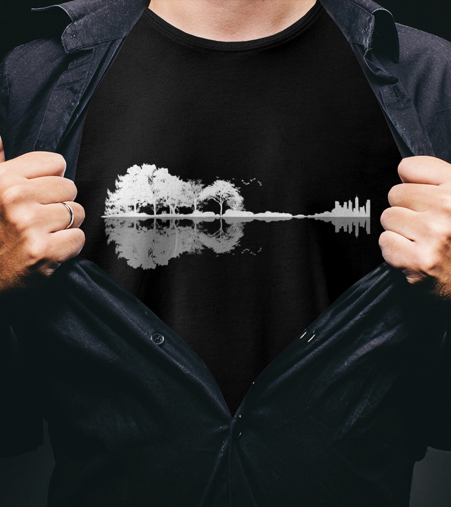 Acoustic Guitar Nature Forest Tree Reflection And Skyline T-Shirt
