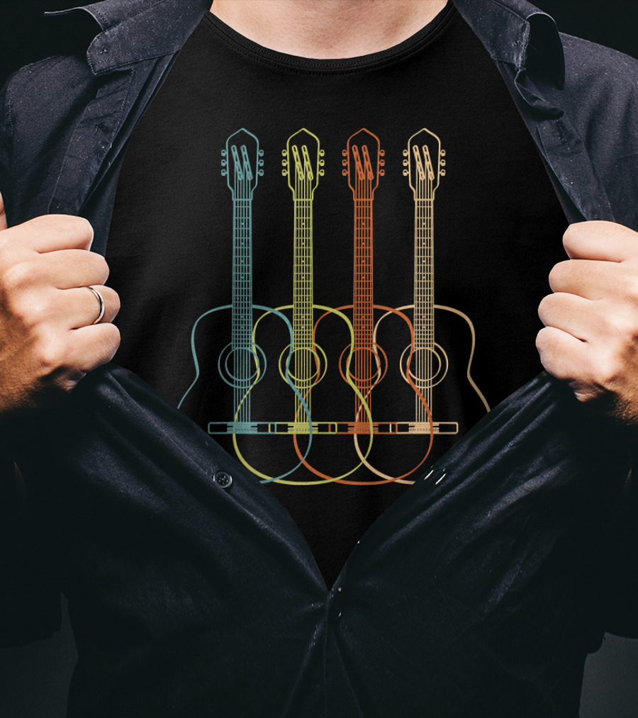 Acoustic Guitar Neon Line Art Quartet T-Shirt