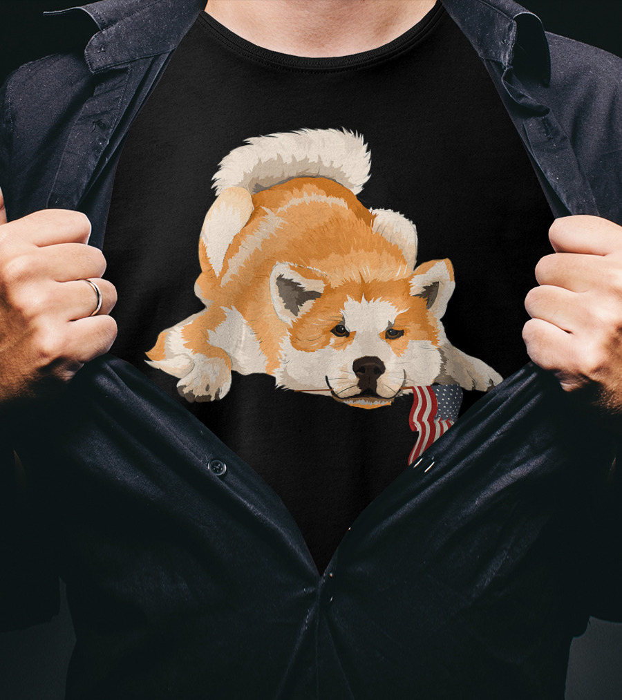 Akita Dog Lover With American Flag Motif T-Shirt