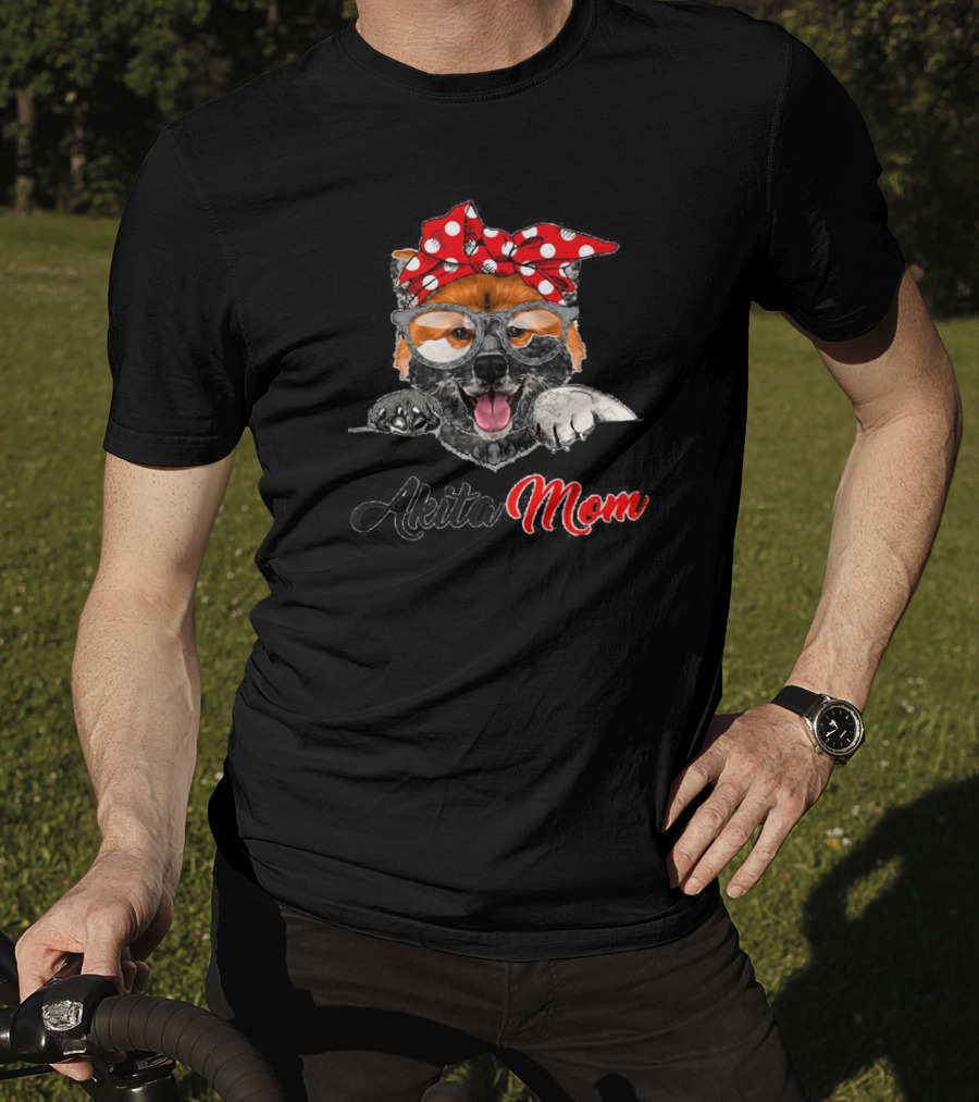 Akita Mom Funny Dog With Red Polka Dot Bow And Glasses T-Shirt