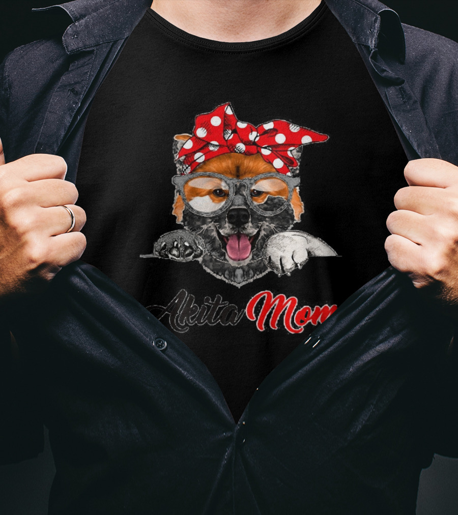 Akita Mom Funny Dog With Red Polka Dot Bow And Glasses T-Shirt