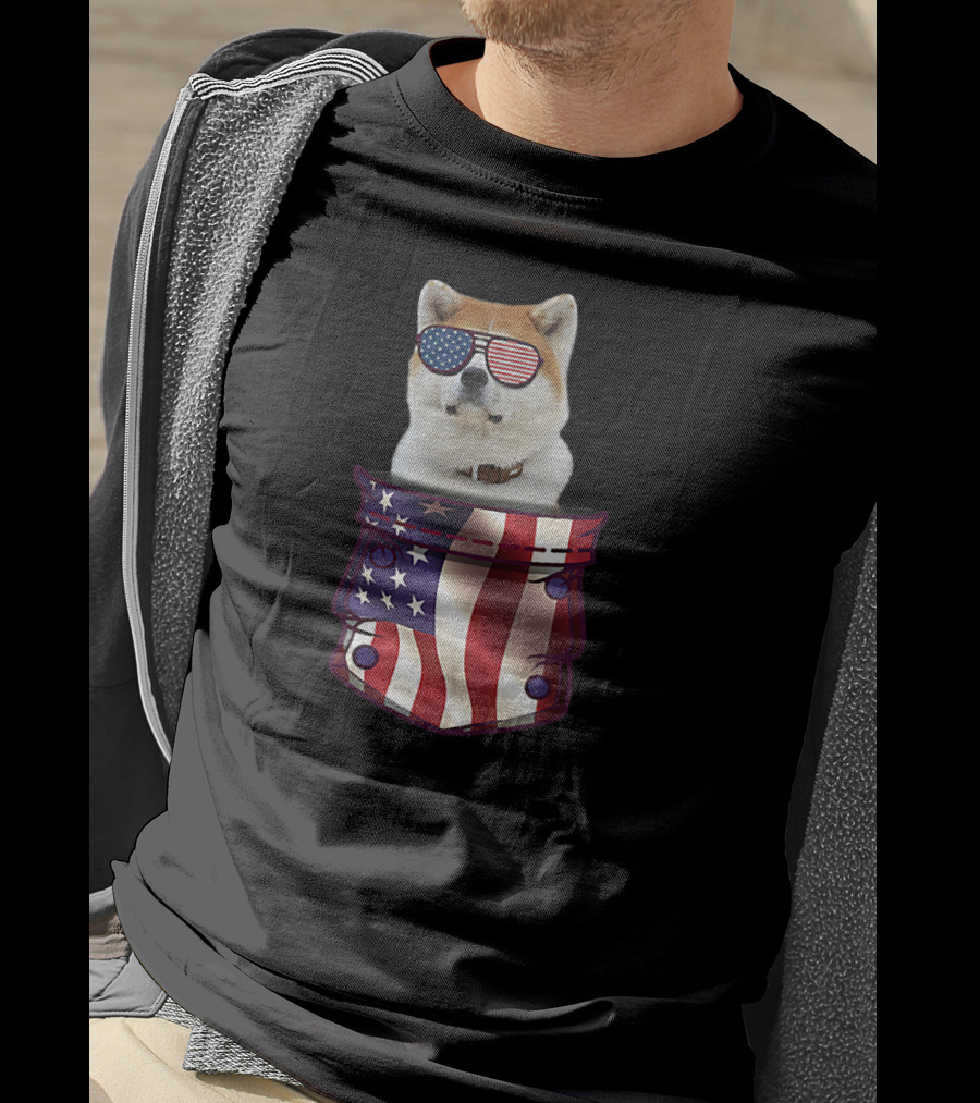 American Flag Sunglasses Akita In Pocket T-Shirt