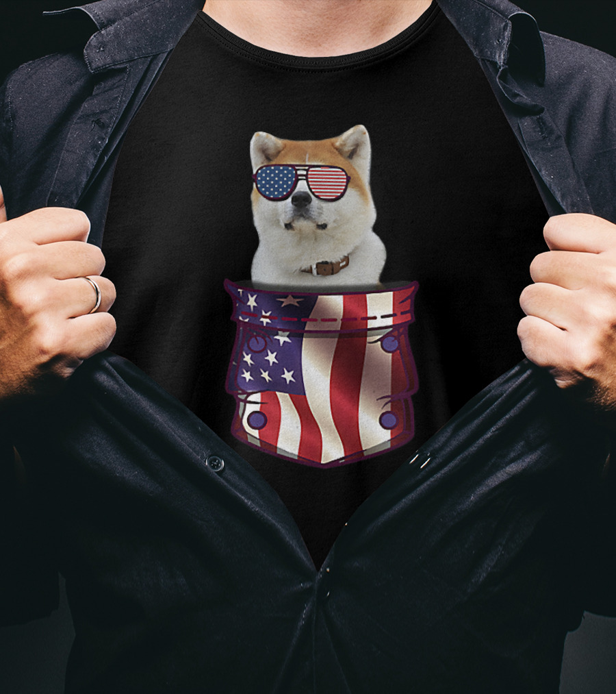 American Flag Sunglasses Akita In Pocket T-Shirt