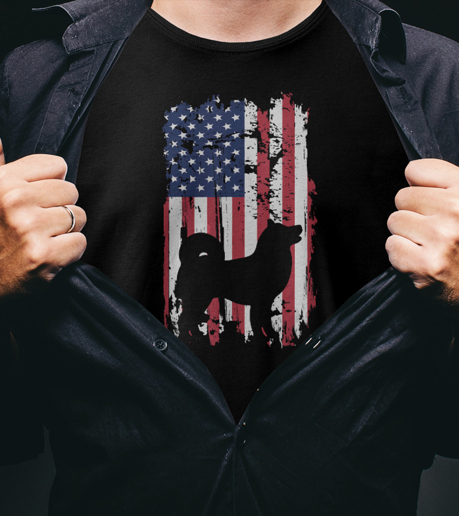 Akita Inu Silhouette Over Grunge American Flag T-Shirt