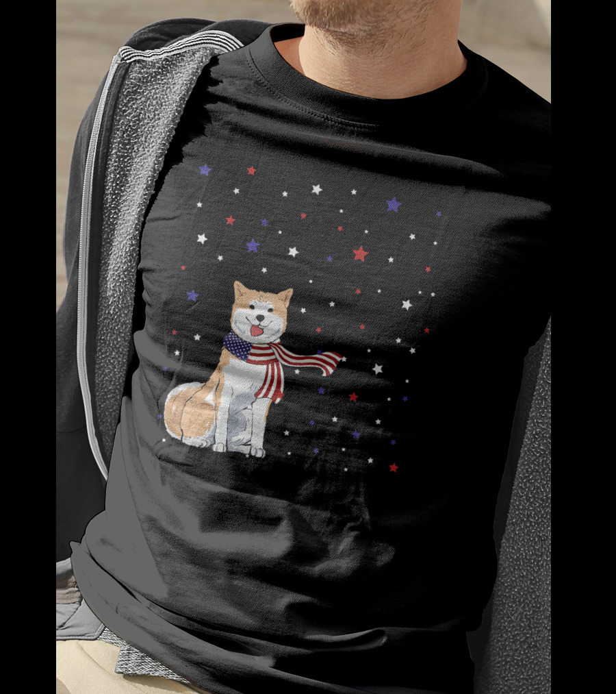 Akita Inu Patriotic American Flag Scarf Stars T-Shirt