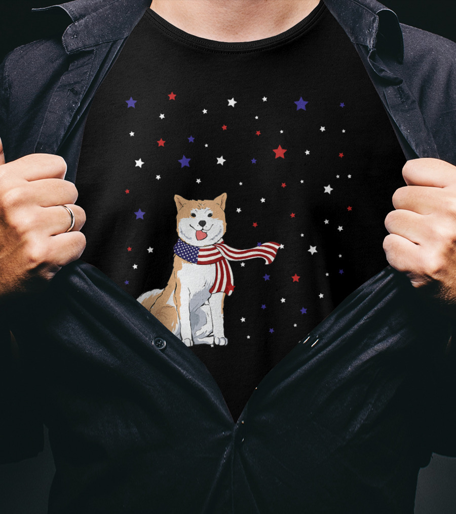 Akita Inu Patriotic American Flag Scarf Stars T-Shirt