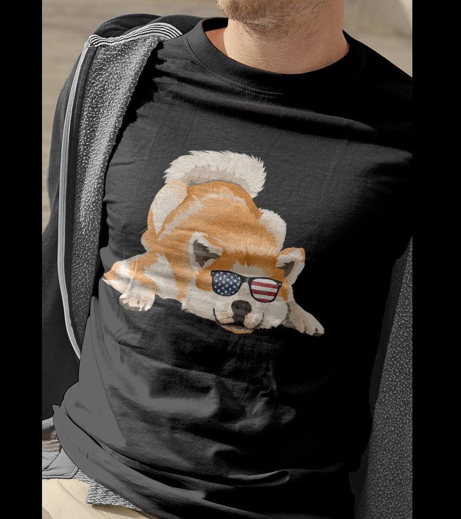 Akita Inu Wearing American Flag Sunglasses Playful Pose T-Shirt