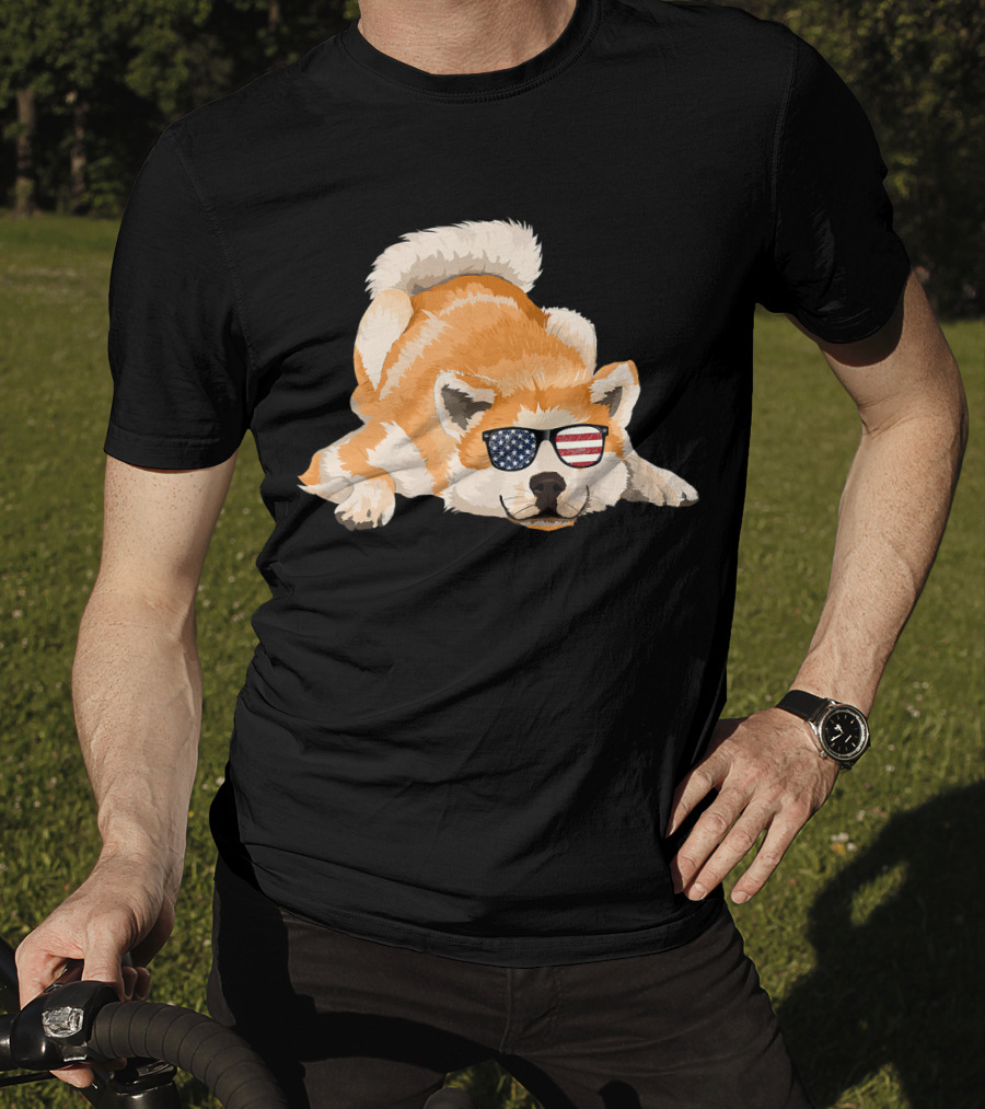 Akita Inu Wearing American Flag Sunglasses Playful Pose T-Shirt