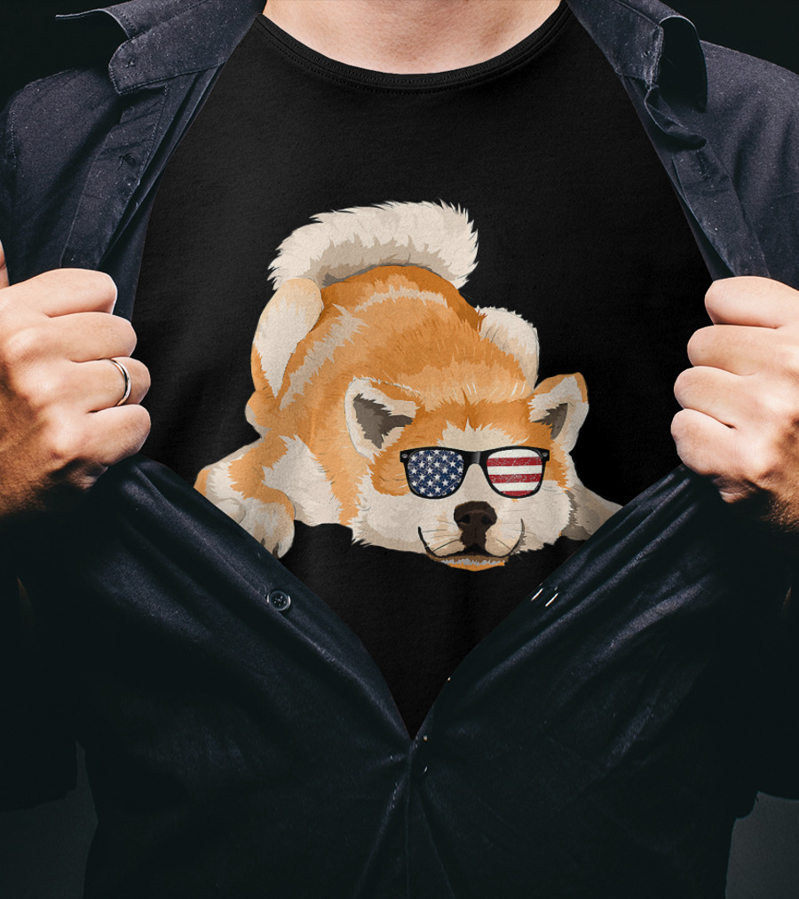Akita Inu Wearing American Flag Sunglasses Playful Pose T-Shirt