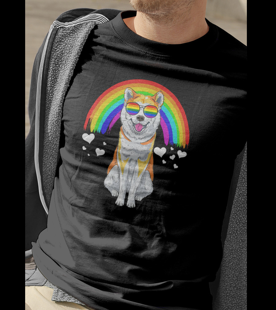 Akita Inu Rainbow Pride Sunglasses Hearts T-Shirt