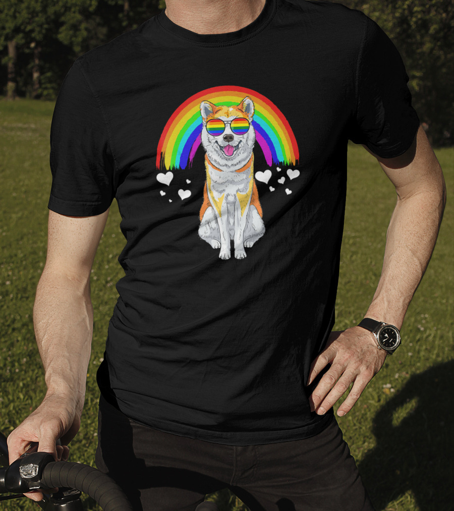 Akita Inu Rainbow Pride Sunglasses Hearts T-Shirt