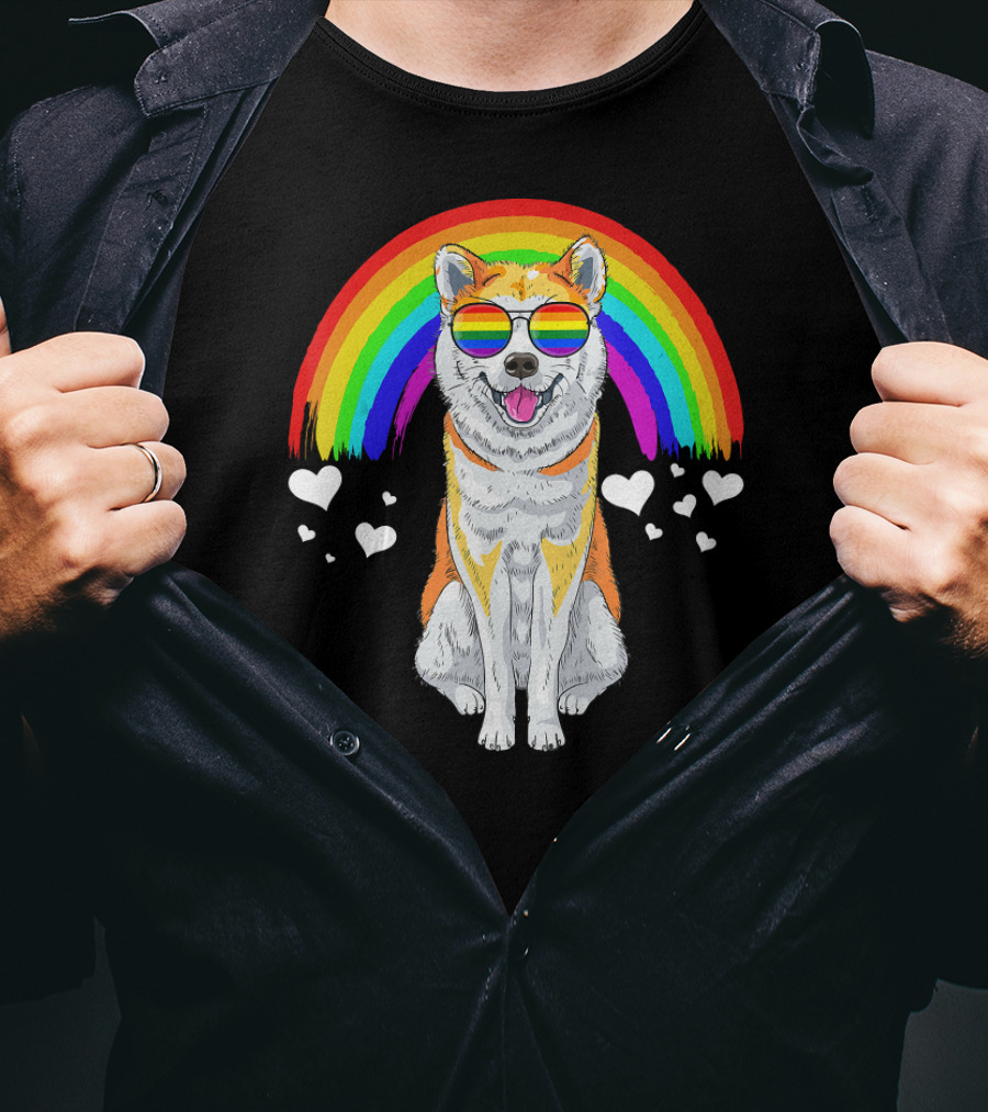 Akita Inu Rainbow Pride Sunglasses Hearts T-Shirt