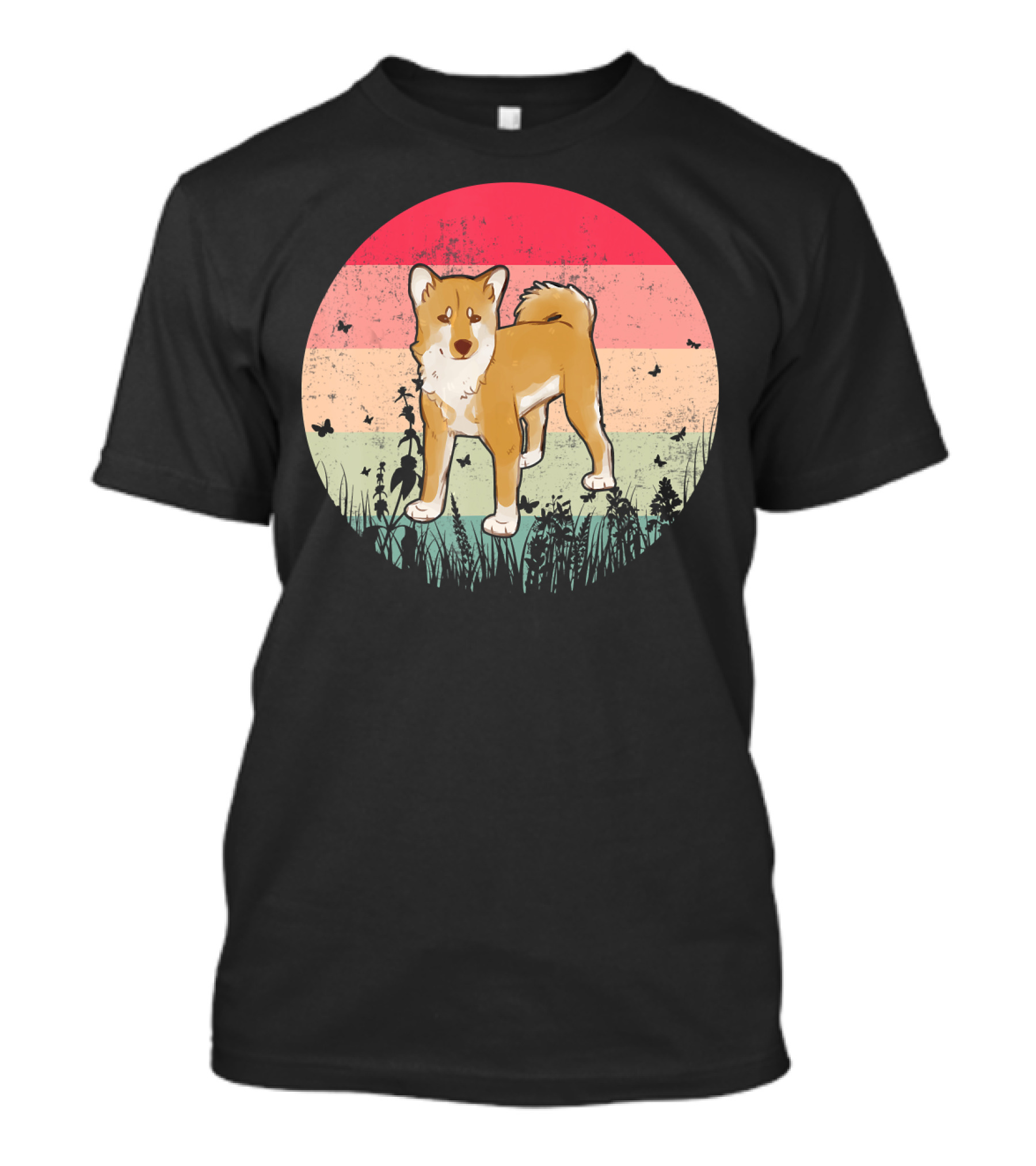 Akita Inu Vintage Retro Akit Circle Silhouette With Stripes And Butterflies T-Shirt