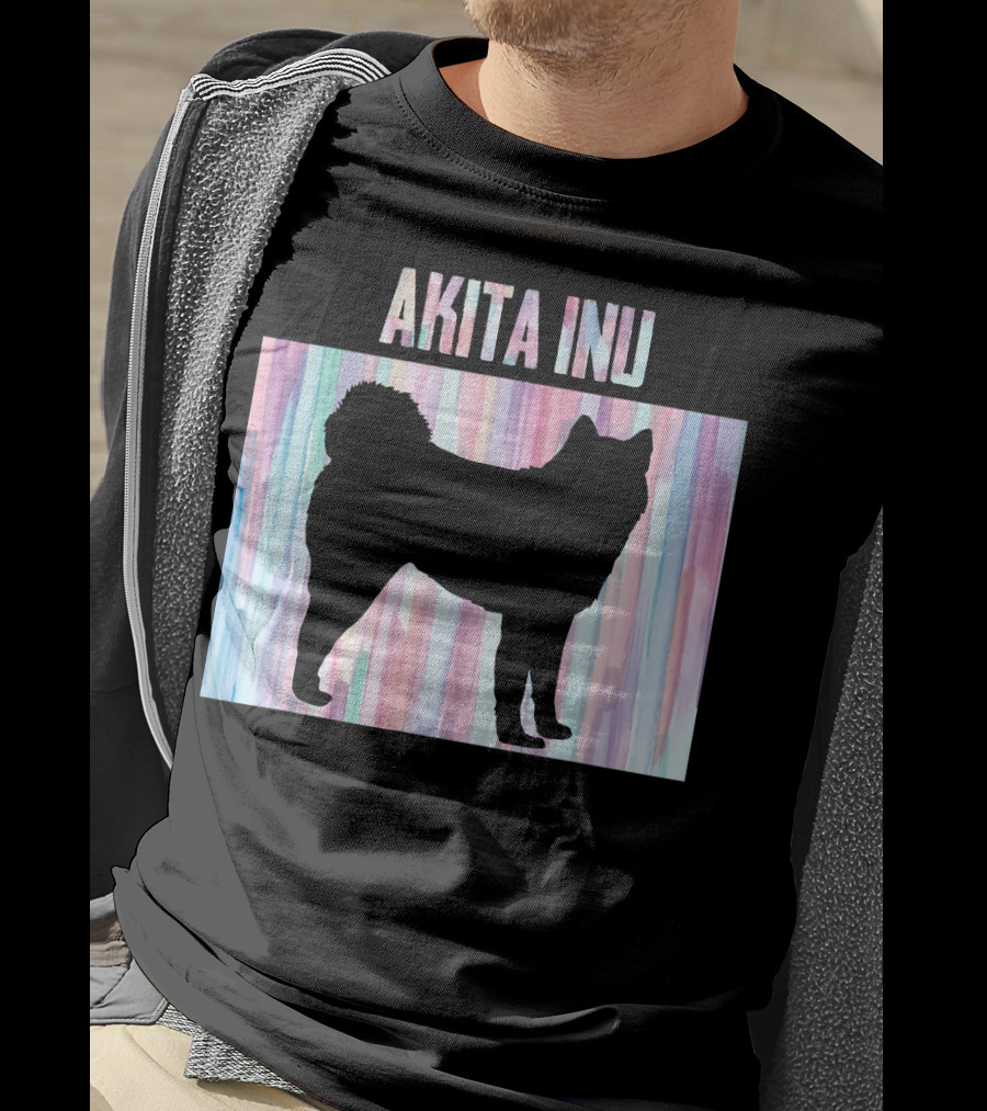 AKITA INU Silhouette On Pastel Watercolor Stripes T-Shirt