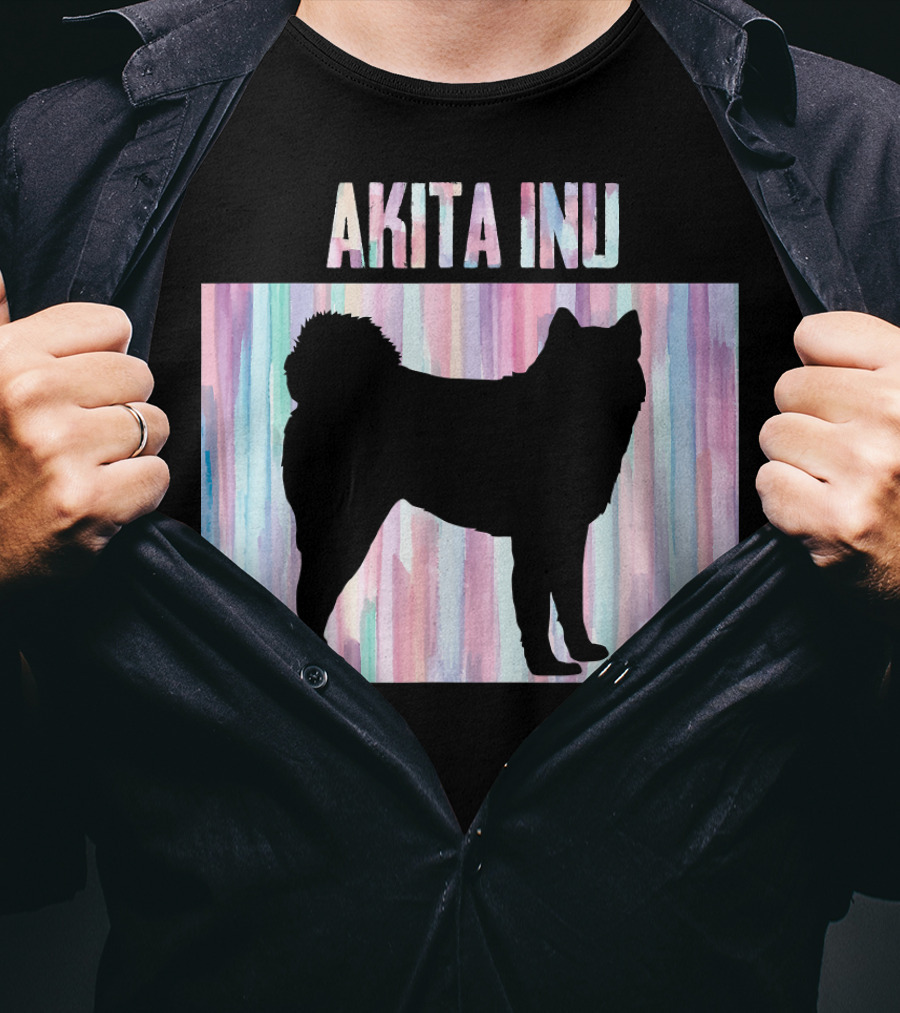 AKITA INU Silhouette On Pastel Watercolor Stripes T-Shirt