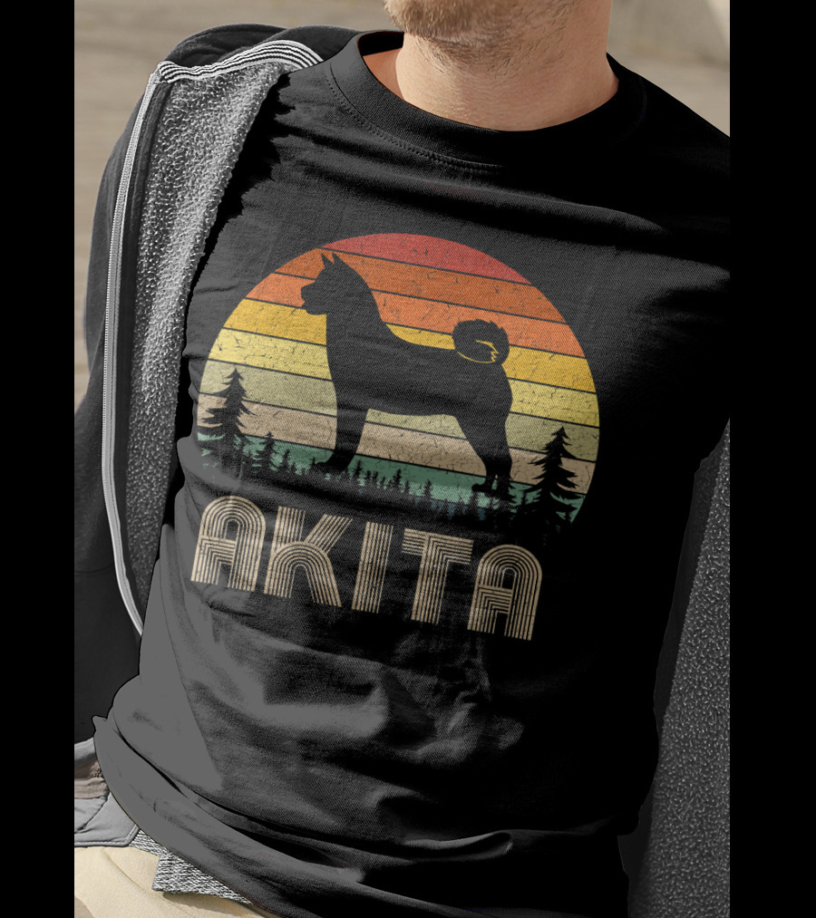 Akita Vintage Dog Retro 70's Forest Sunset T-Shirt