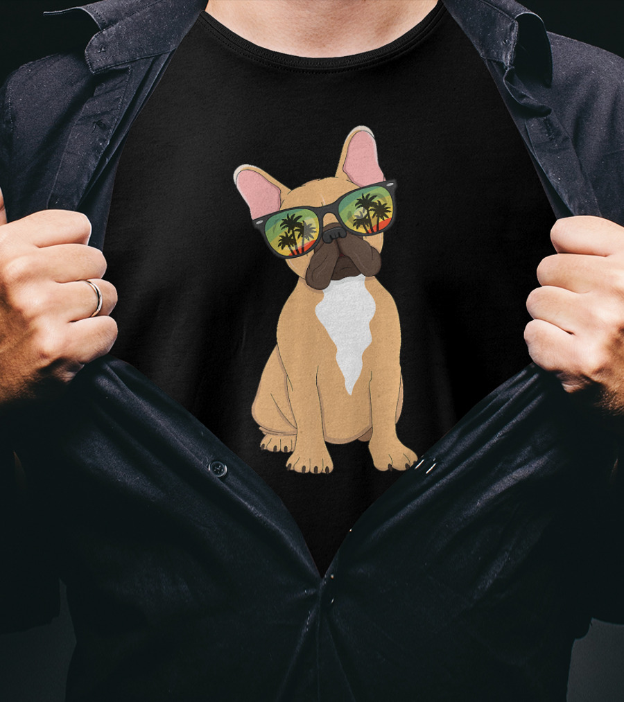 Aloha Beach French Bulldog With Vintage Sunglasses And Palm Trees T-Shirt