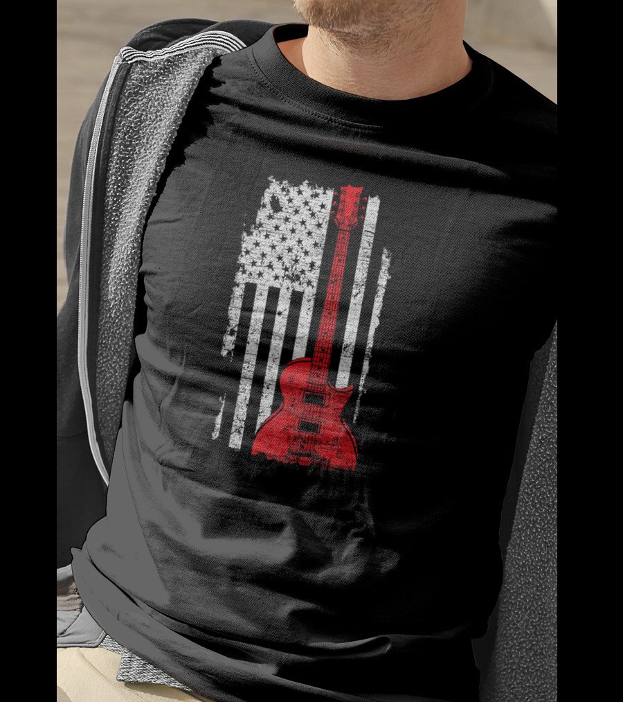 Red Guitar American Flag USA Music T-Shirt