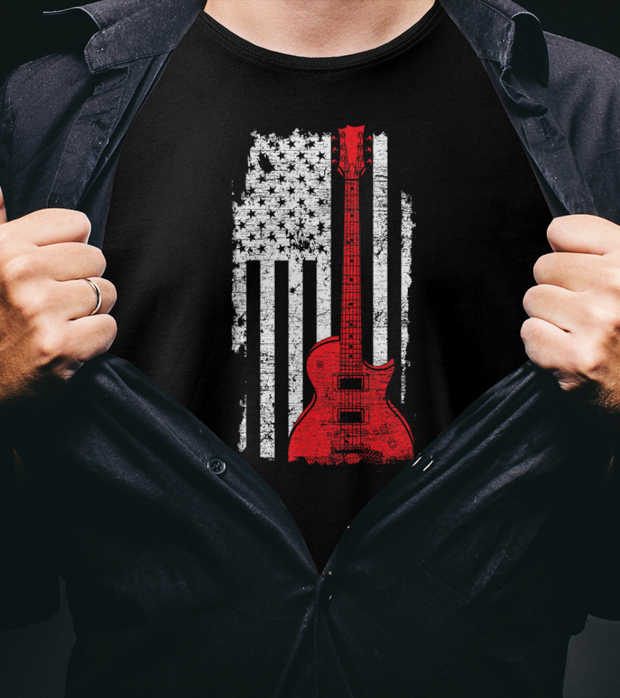 Red Guitar American Flag USA Music T-Shirt