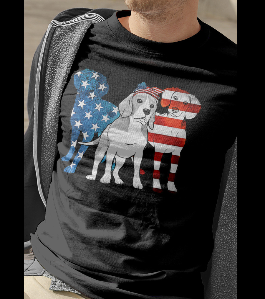 American Beagle Trio With Patriotic Stars And Stripes US Flag Motif T-Shirt