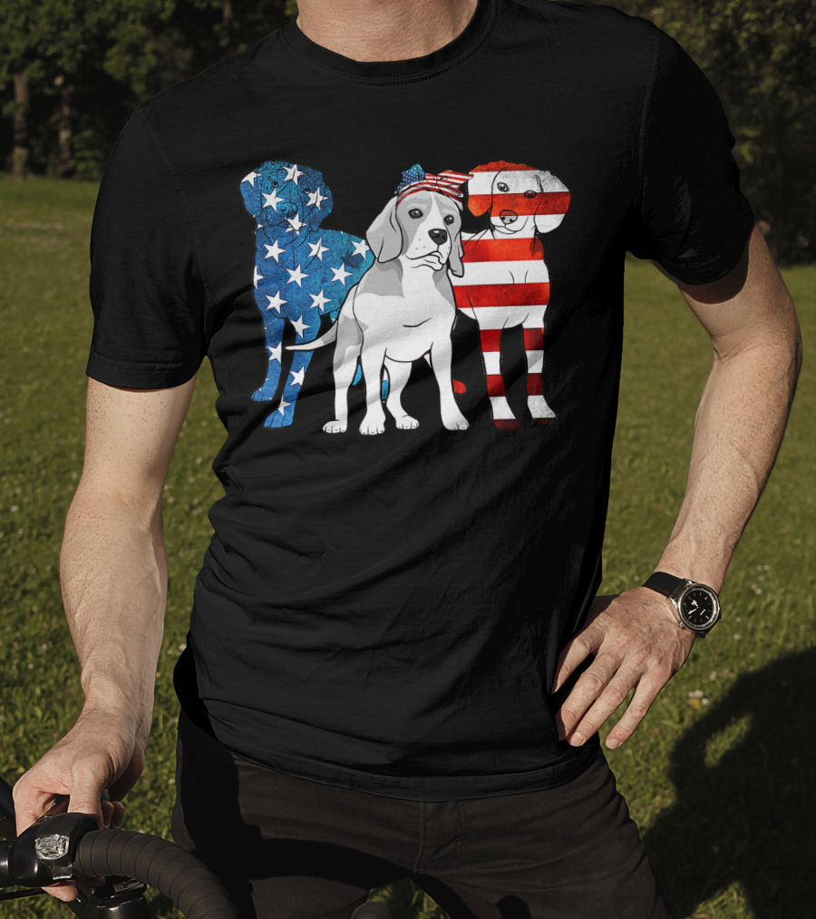 American Beagle Trio With Patriotic Stars And Stripes US Flag Motif T-Shirt