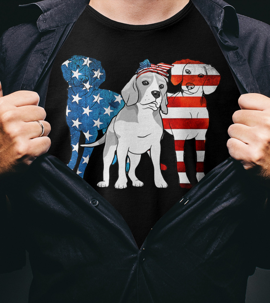 American Beagle Trio With Patriotic Stars And Stripes US Flag Motif T-Shirt