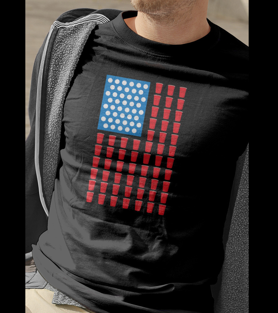 American Flag Beer Pong Red Cup Pattern Patriotic Party T-Shirt