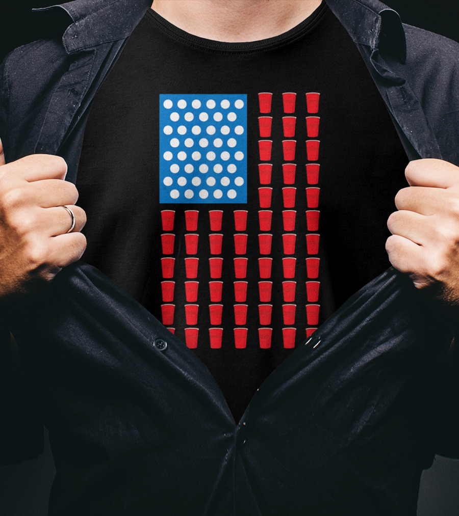 American Flag Beer Pong Red Cup Pattern Patriotic Party T-Shirt